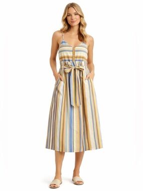 Haute Rogue Striped Midi Dress Tie Waist Button Front Pockets Summer Boho S